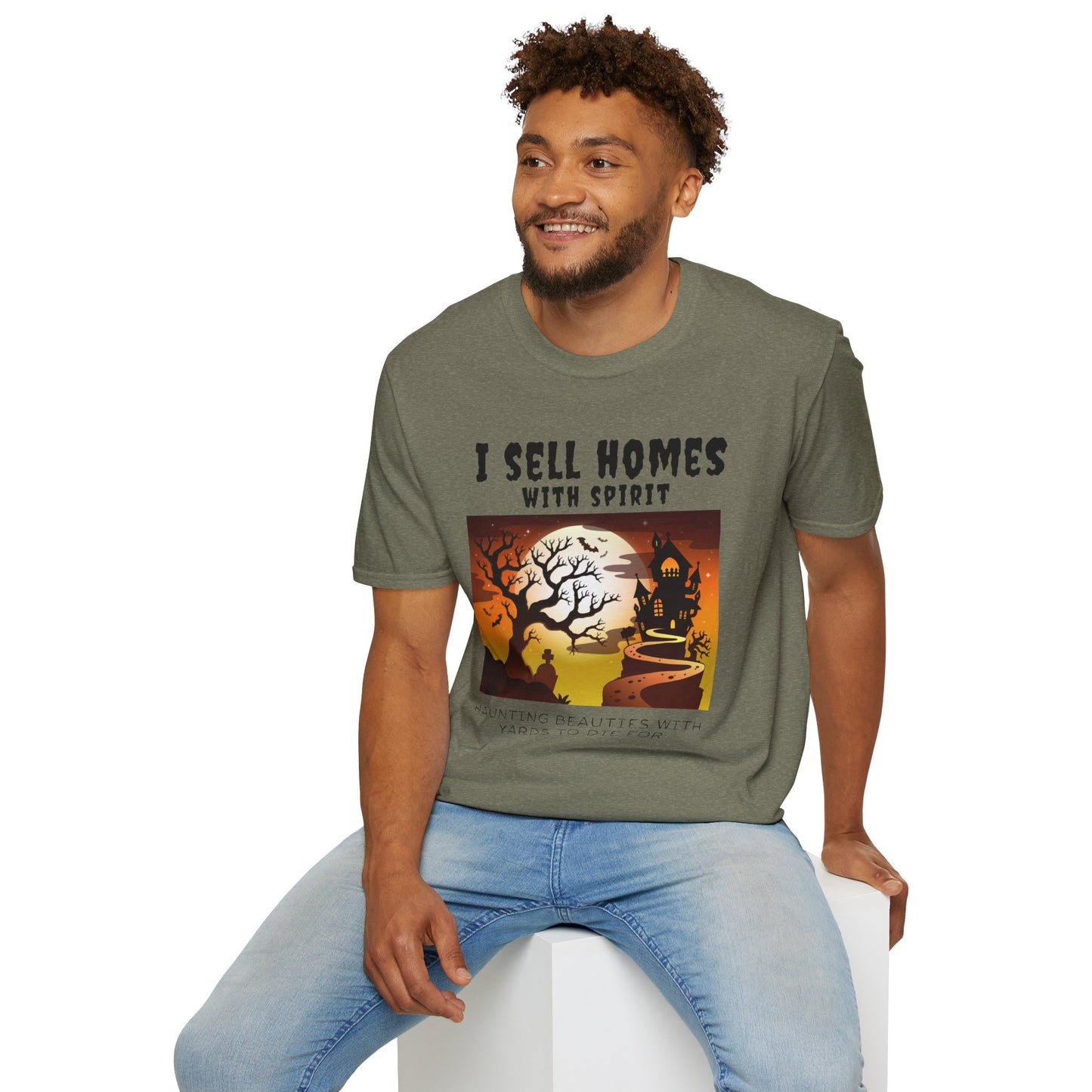 "I Sell Homes with Spirit: Haunting Beauties with Yards to Die For" Unisex Soft-Style T-Shirt