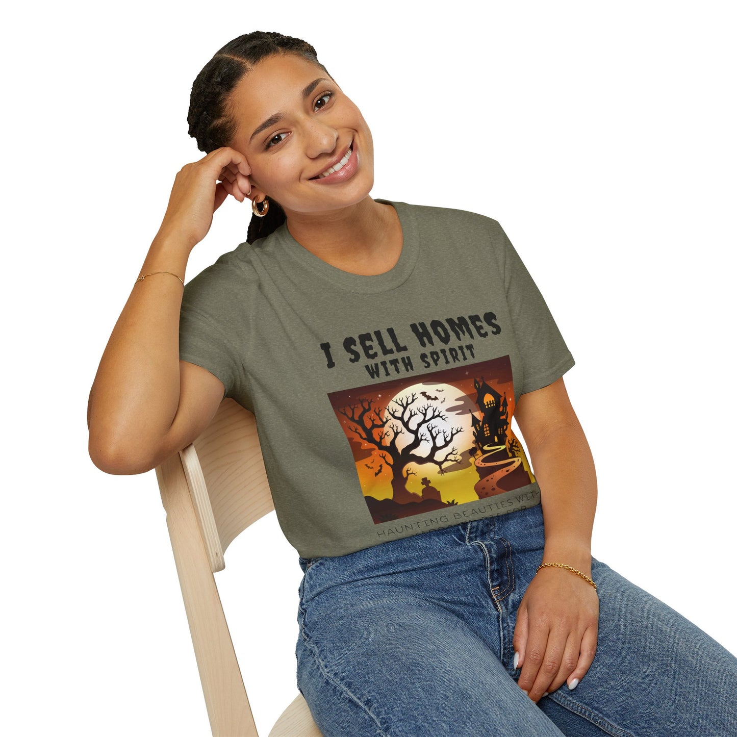"I Sell Homes with Spirit: Haunting Beauties with Yards to Die For" Unisex Soft-Style T-Shirt