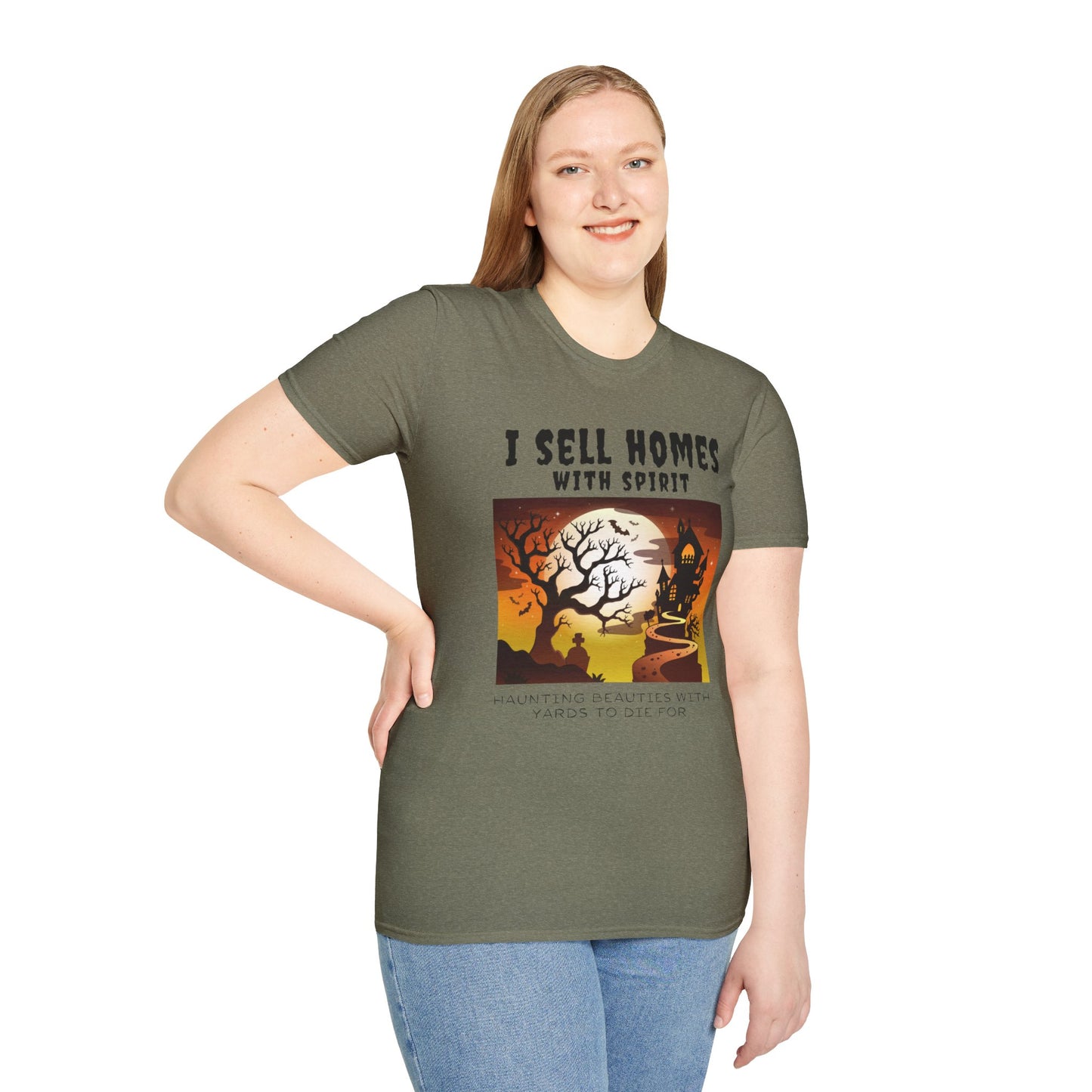"I Sell Homes with Spirit: Haunting Beauties with Yards to Die For" Unisex Soft-Style T-Shirt