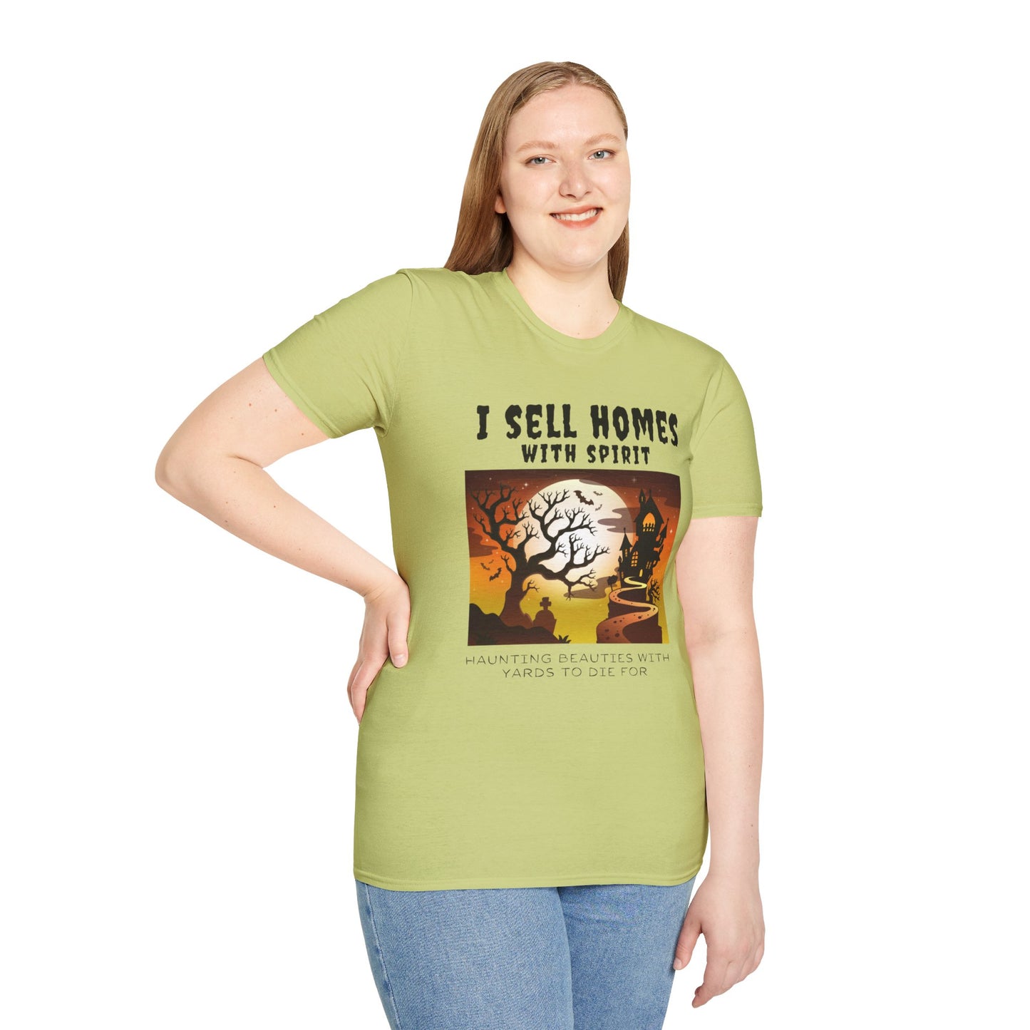 "I Sell Homes with Spirit: Haunting Beauties with Yards to Die For" Unisex Soft-Style T-Shirt