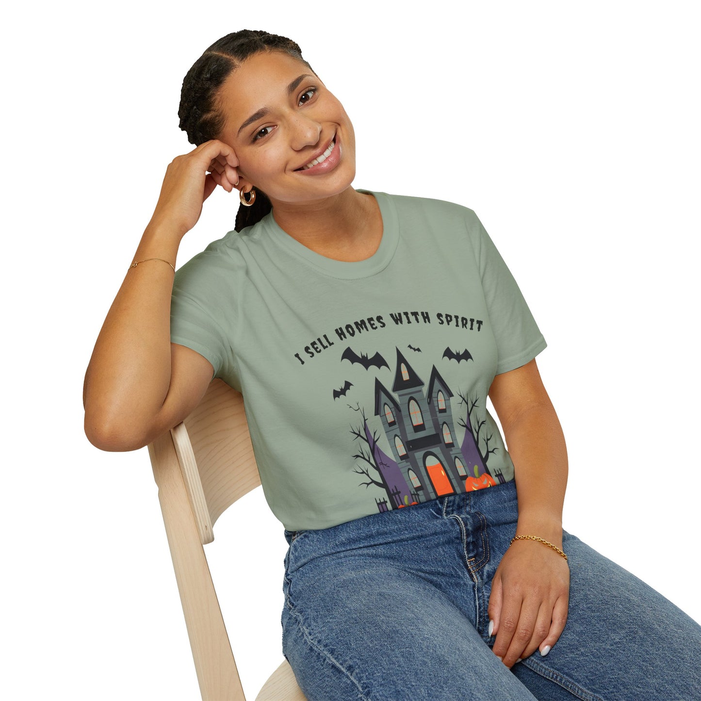 "I Sell Homes with Spirit - Haunting Beauties with Yards to Die For" Unisex Soft-Style T-Shirt