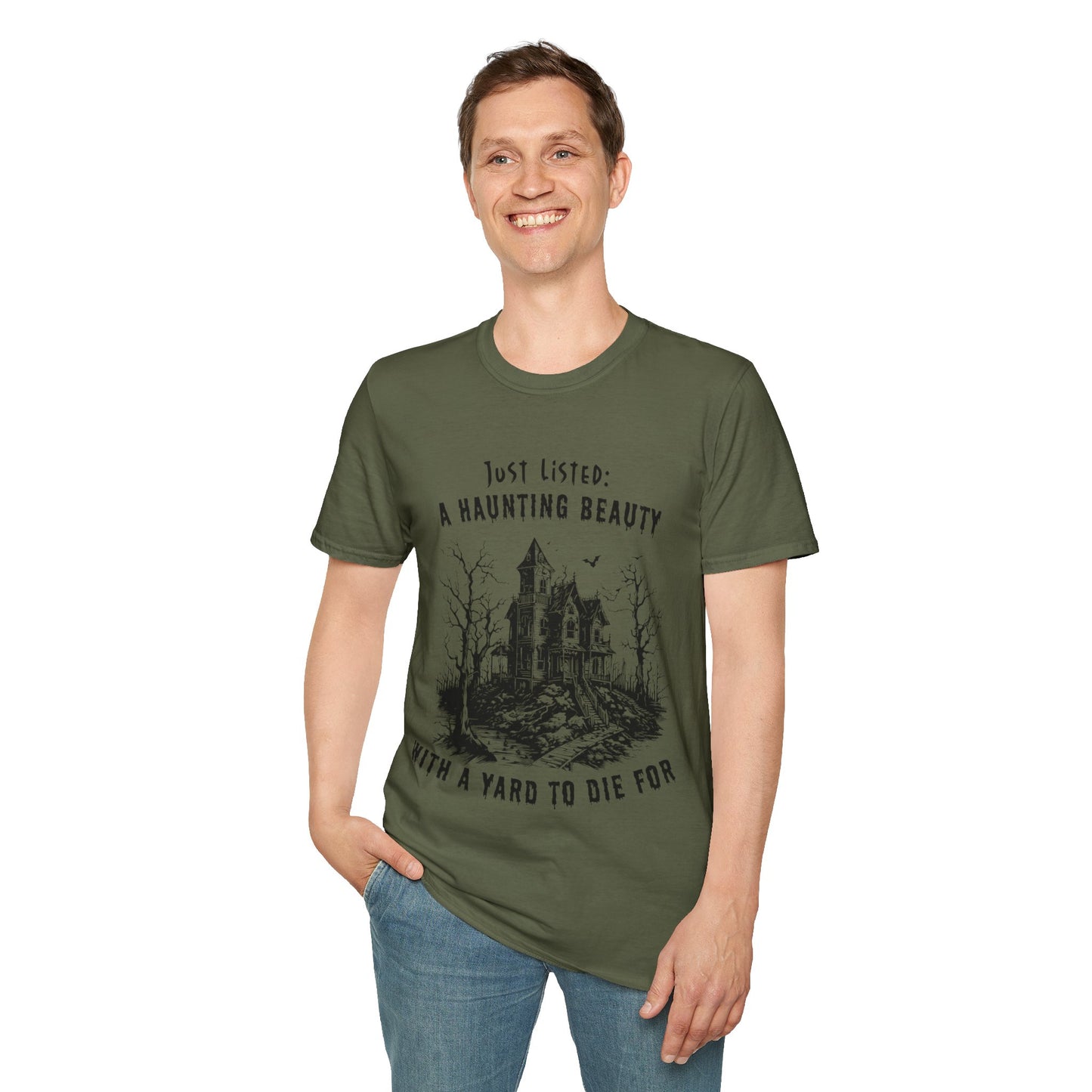 "Just Listed: A Haunting Beauty - with a Yard to Die For" Unisex Soft-Style T-Shirt