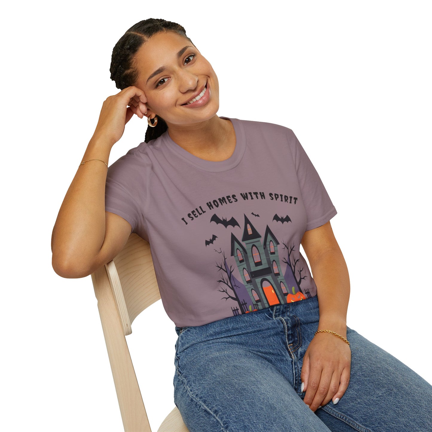 "I Sell Homes with Spirit - Haunting Beauties with Yards to Die For" Unisex Soft-Style T-Shirt