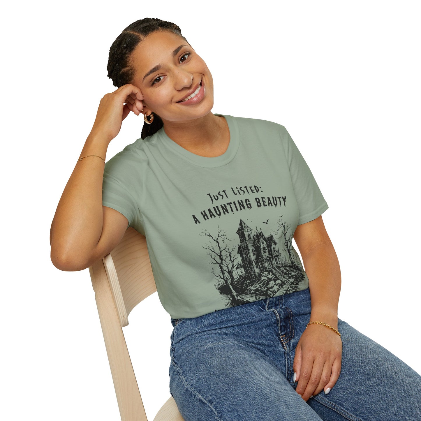 "Just Listed: A Haunting Beauty - with a Yard to Die For" Unisex Soft-Style T-Shirt