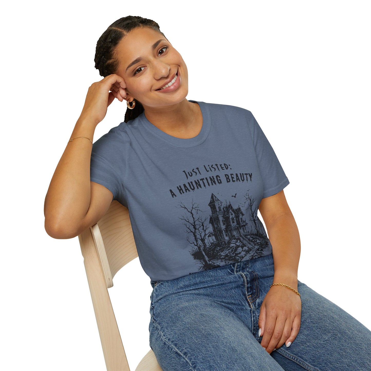 "Just Listed: A Haunting Beauty - with a Yard to Die For" Unisex Soft-Style T-Shirt