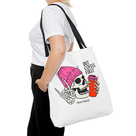 "But Coffee First" Halloween-Themed Tote Bag for Real Estate Marketing