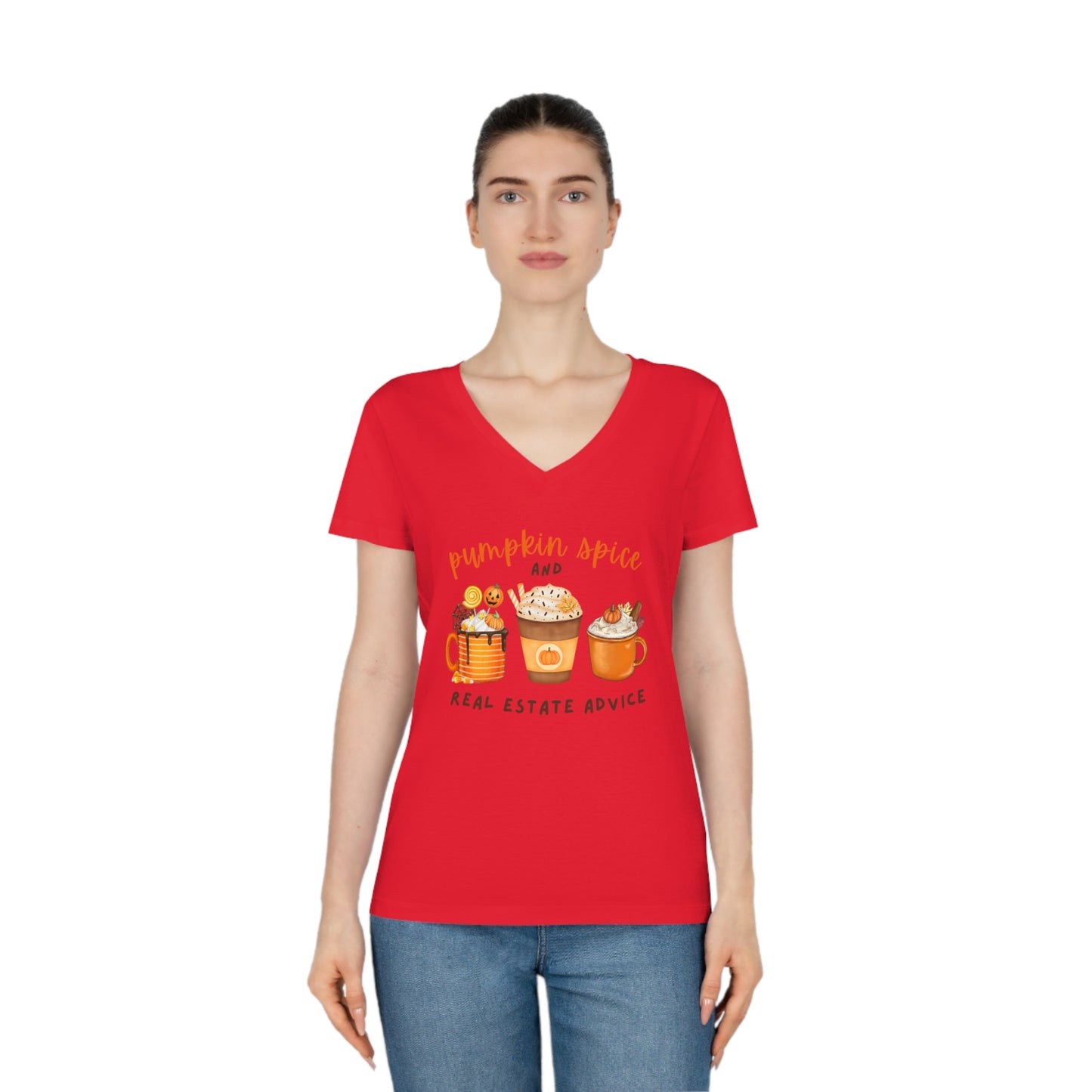 "Pumpkin Spice and Real Estate Advice" Women's Organic V-Neck T-Shirt - Real Estate Marketing Apparel