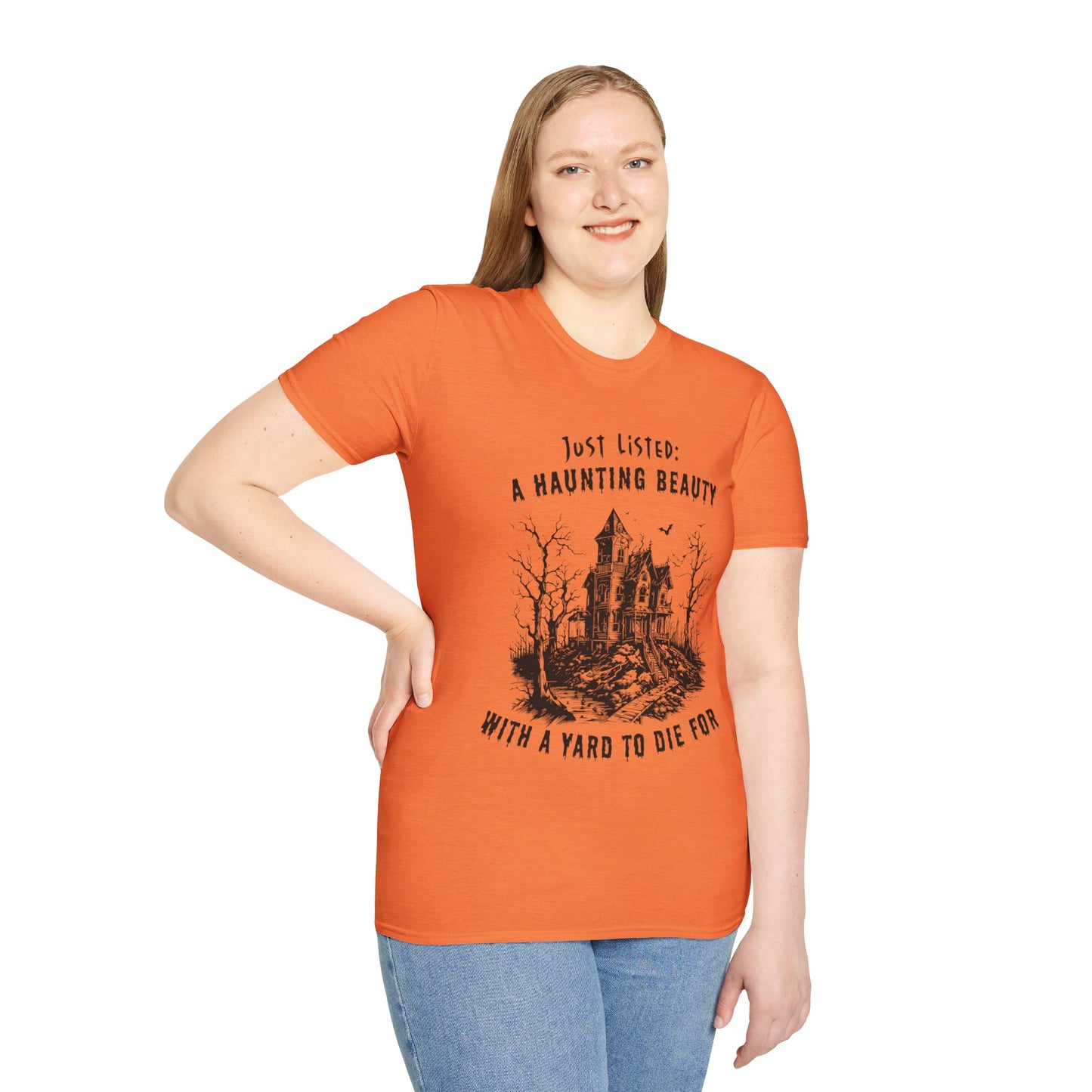 "Just Listed: A Haunting Beauty - with a Yard to Die For" Unisex Soft-Style T-Shirt