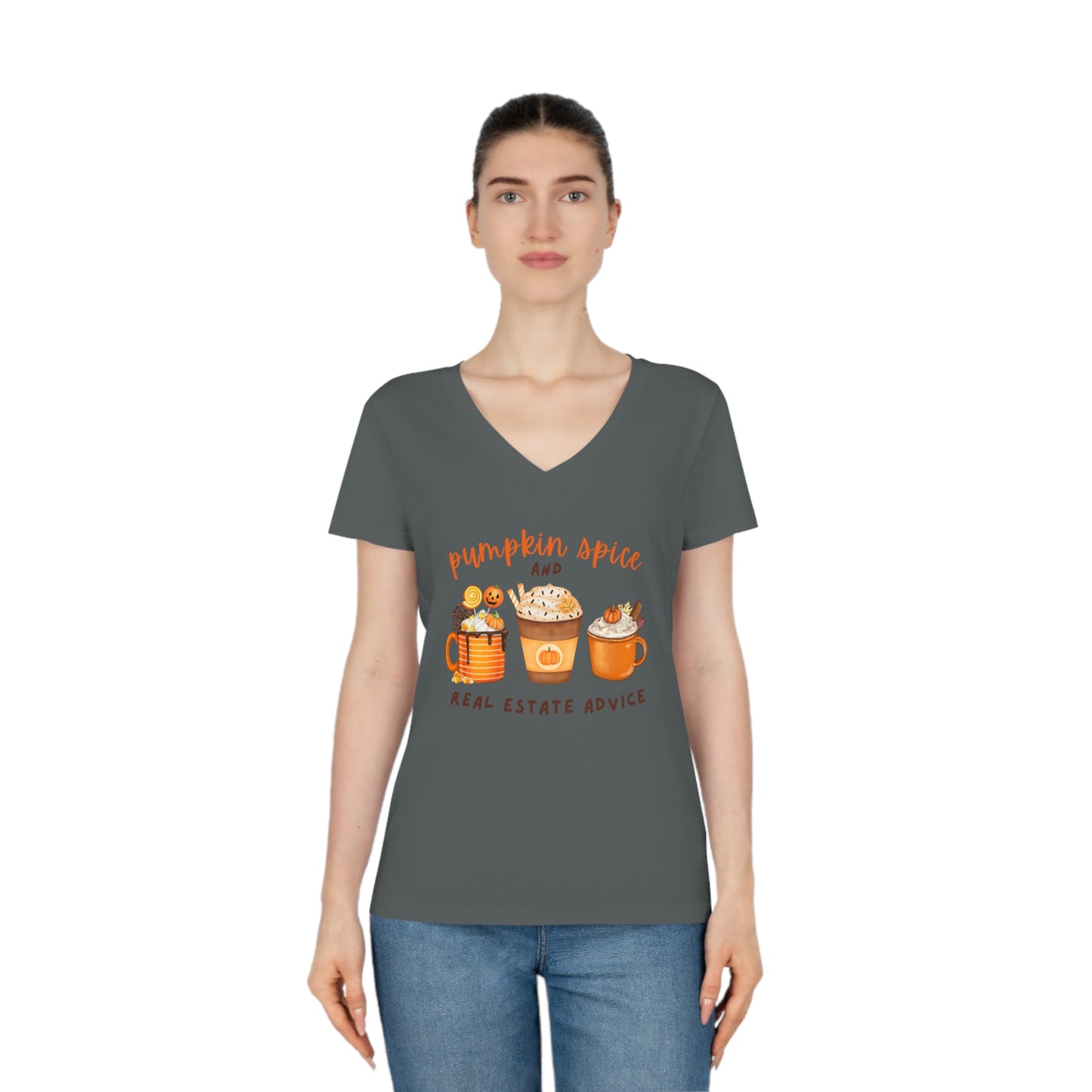 "Pumpkin Spice and Real Estate Advice" Women's Organic V-Neck T-Shirt - Real Estate Marketing Apparel