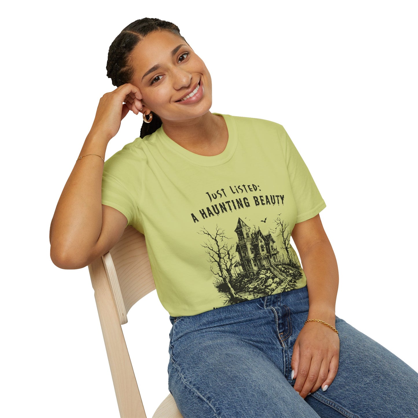 "Just Listed: A Haunting Beauty - with a Yard to Die For" Unisex Soft-Style T-Shirt