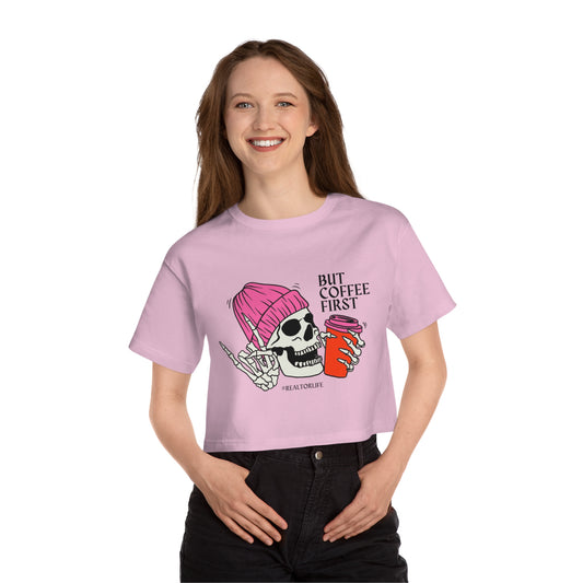 "But Coffee First" Halloween-Themed Champion Heritage Women's T-Shirt